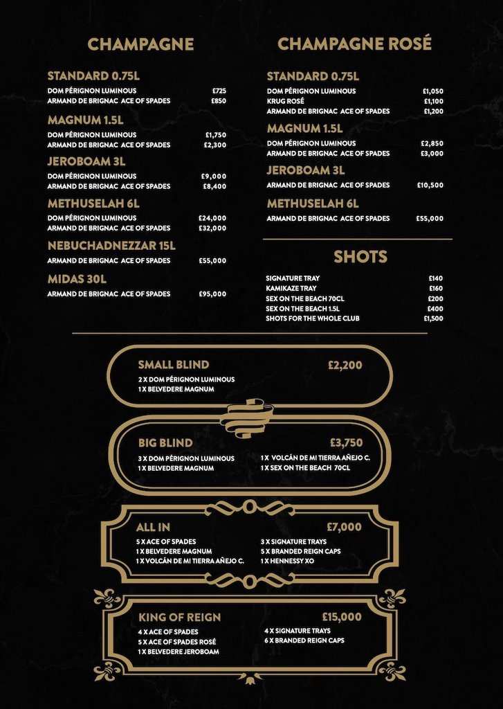 reign london bottle menu